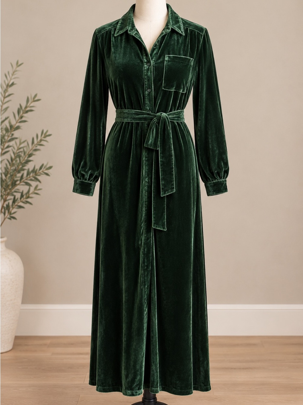 Aura Velvet Midi Dress with Belt - Forest Green